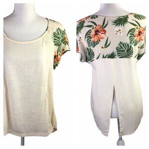 Miss Me Top Shirt Hawaiian Tropical Print Split Back Cap Sleeves Size L Crochet